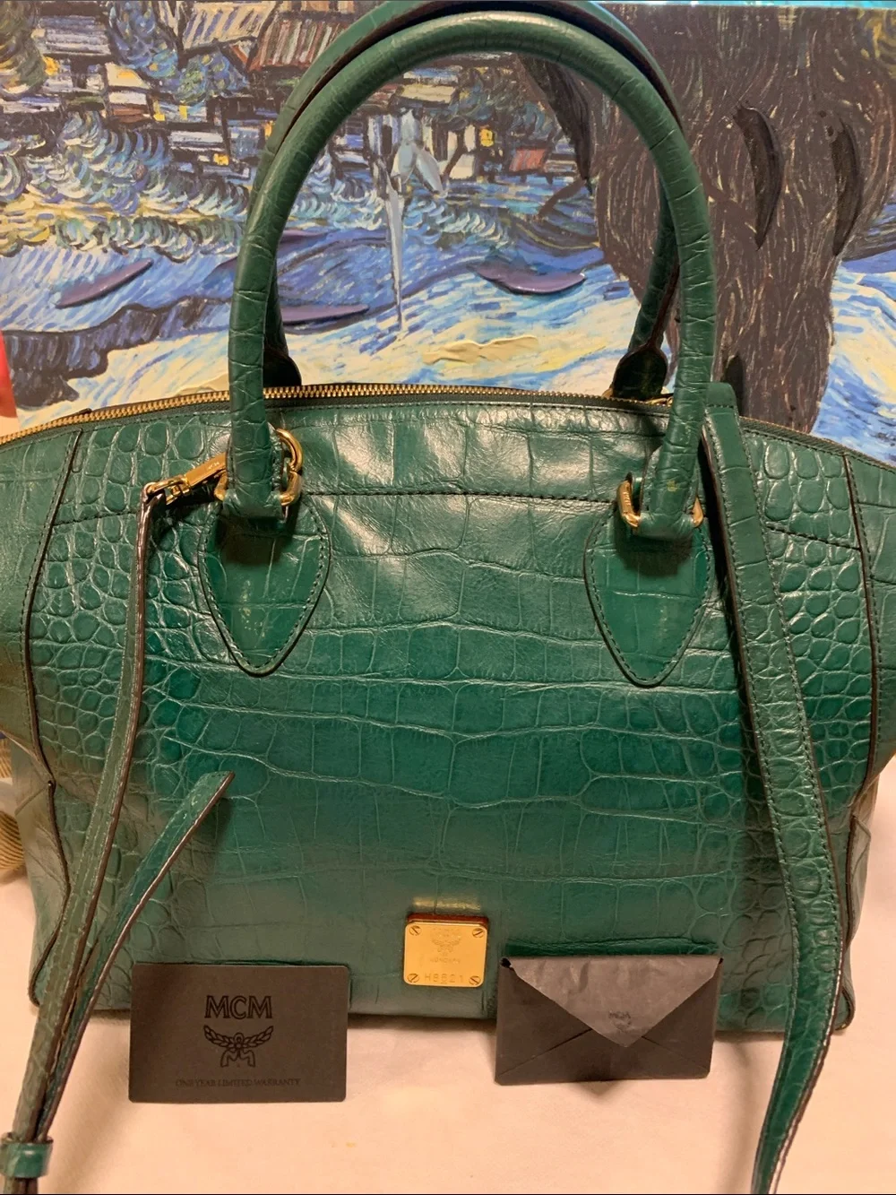 MCM Green Croc-Embossed Satchel with Gold Plaque with  Authenticity Card
